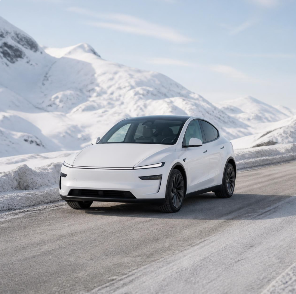 Hvit Tesla Model Y på vintervei i fjellet